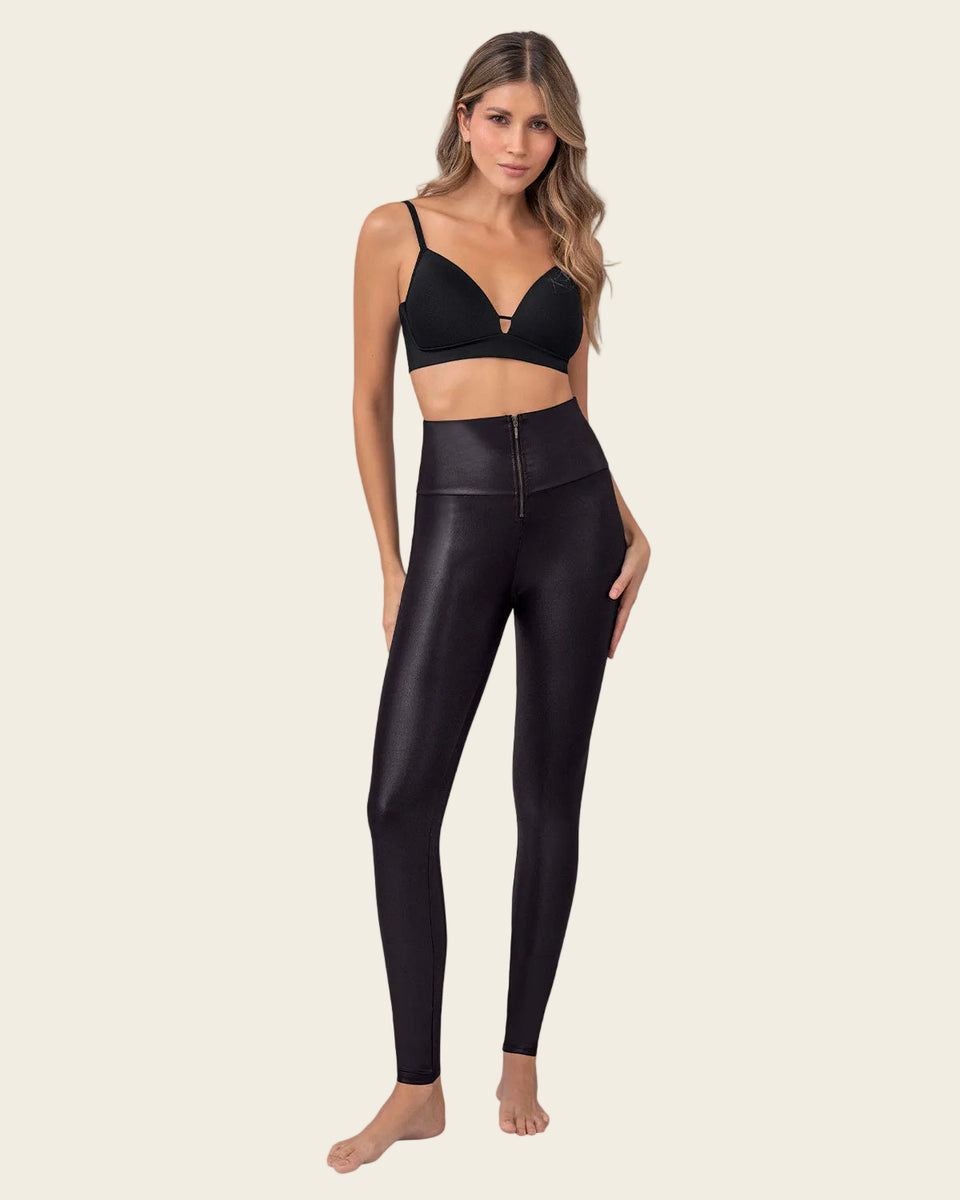 Legging con cierre de compresión en abdomen en imitación cuero