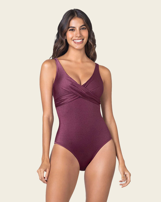 Bañador entero con compresión de abdomen y tela con brillo#color_466-vinotinto